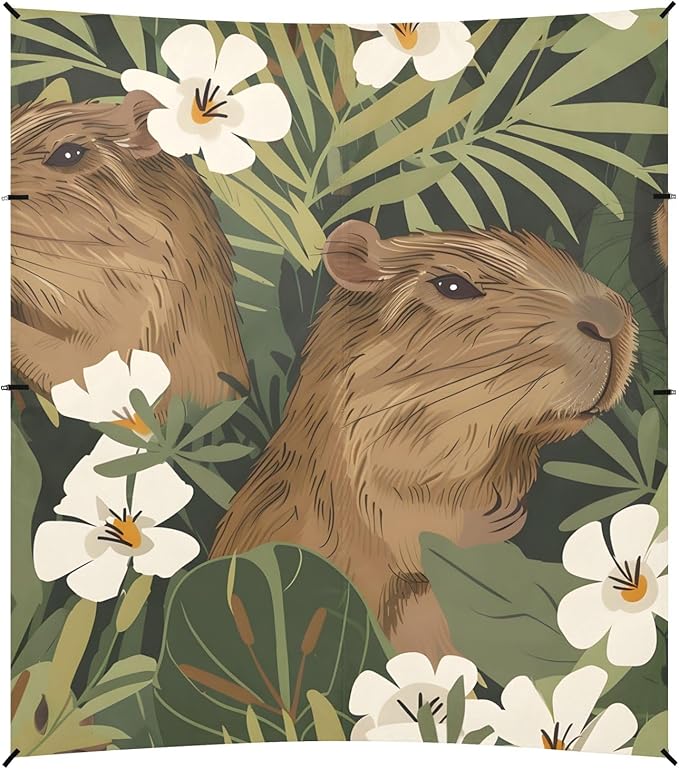 Capybara with Her Cub and White Flowers and Leaves Camping Sun Shelter Beach Tent Portable Beach Sun Shade Outdoor Canopy for Camping Trips Fishing Picnic