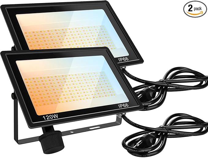 120W LED FloodLights Outdoor 2 Pack 14000LM Dimmable 3CCT 3000K 4500K 6000K Selectable IP66 Waterproof Outdoor Security Flood Light for Yard Garden Garage