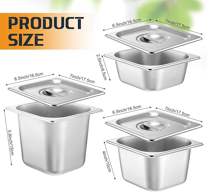 12 Pack Stainless Steel Hotel Pans with Lid 1/6 Size Steam Table Anti Clogging Steamer Restaurant Pans for Buffet Serving Commercial Catering Party 2.5'' 4'' 6'' Deep 6.9 x 6.5 Inch