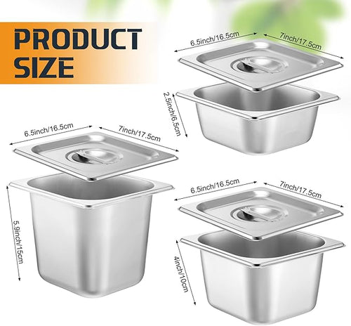 12 Pack Stainless Steel Hotel Pans with Lid 1/6 Size Steam Table Anti Clogging Steamer Restaurant Pans for Buffet Serving Commercial Catering Party 2.5'' 4'' 6'' Deep 6.9 x 6.5 Inch