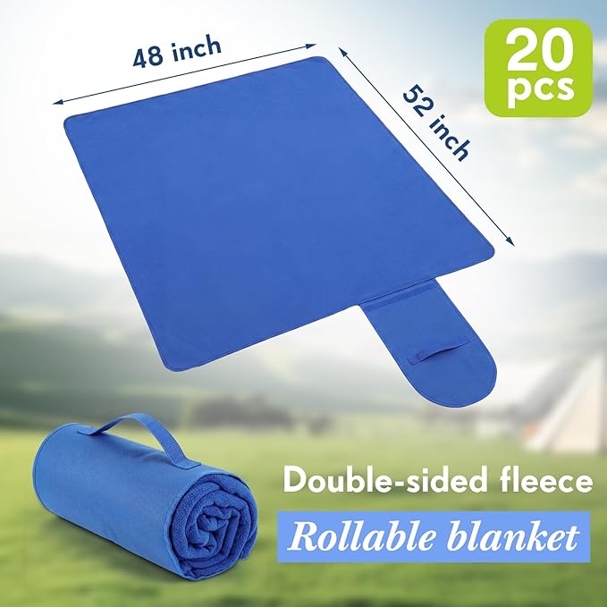 24 Pack Roll up Large Fleece Blankets Bulk Foldable Picnic Blankets 53 x 48 in Double-Sided with Hook and Loop for Wedding Guest Stadium Camping Car Airplanes Outdoor Sports Events Homeless