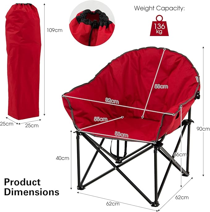 S AFSTAR Oversized Camping Chair Cushion Padded Moon Round Saucer Chair w/Cup Holder &amp Carry Bag Outdoor Leisure Folding Chair Portable Folding Camp Chair for Camping Fishing Supports 300lbs (