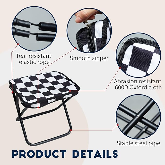 Collapsible Stool Camping Folding Stools: 1.1lbs Lightweight Portable Foot Stool Load 300lbs - 10.5 Inch Camping Chair Fishing Hiking Gardening Beach BBQ with Carry Bag Easy Transport (Black &amp Whi