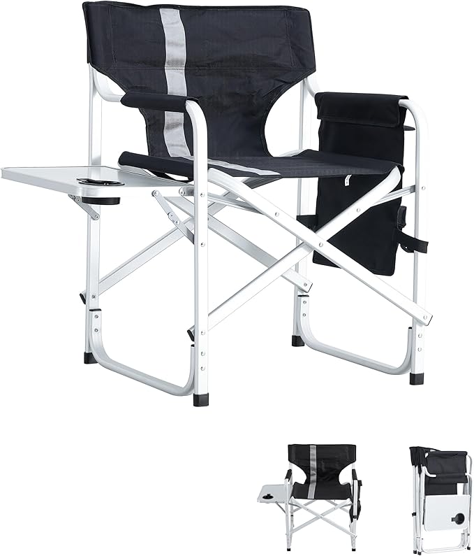 400LBS Heavy Duty Camping Director Chair - Lightweight Aluminum Frame with Foldable Side Table 600D Oxford Seat &amp 3 Storage Pockets Portable for CampingSportsIndoor/Outdoor Adults Use