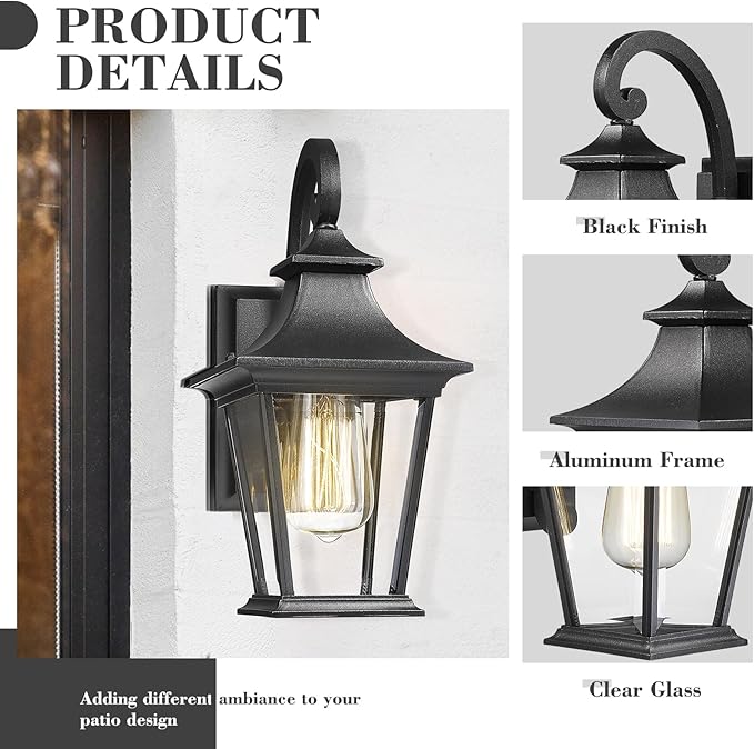 Emliviar Outdoor Wall Lights 2 Pack - Exterior Porch Lights Wall Mount in Black Finish with Clear Glass XE219B-2PK BK