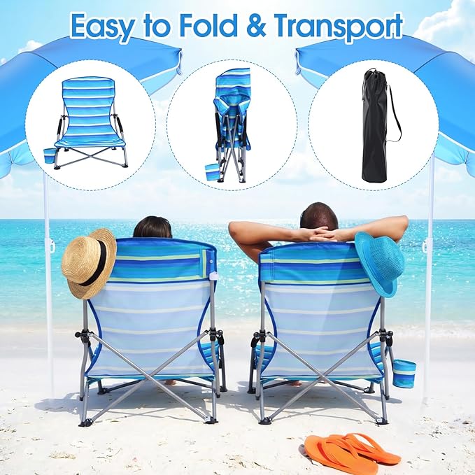 Huwena 2 Pack Beach Chair for Adult with 2 Umbrella Low Folding Chair Detachable Adjustable Lightweight with Armrests Cup Holder Carry Bag Portable for Sand Camping Travel Outdoor Pool(Yellow Green)