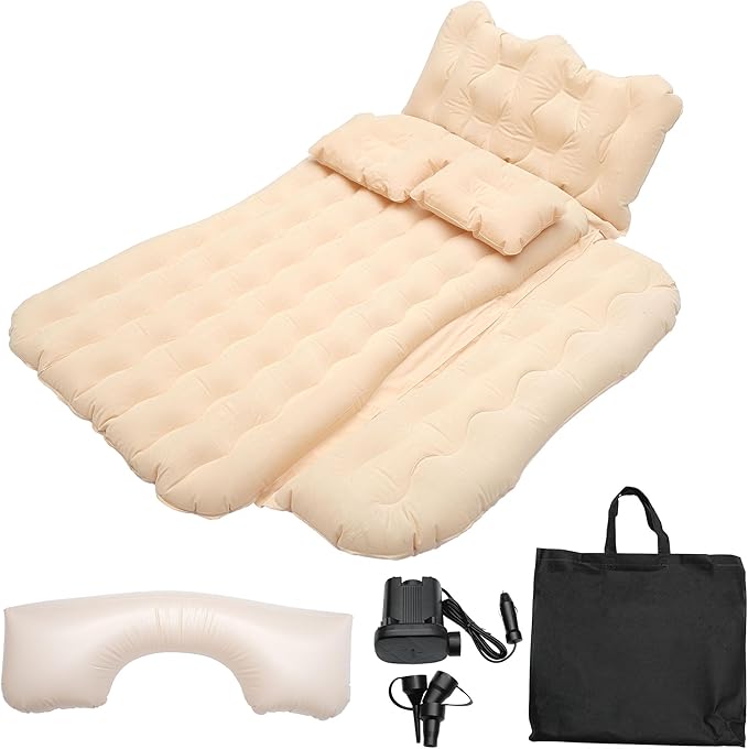ACROPIX Inflatable SUV Truck Car Air Mattress Back Seat Camping Bed Thickened Car Sleeping Pad for Travel Car Bed SUV Mattress with Car Air Pump and Pillows Beige