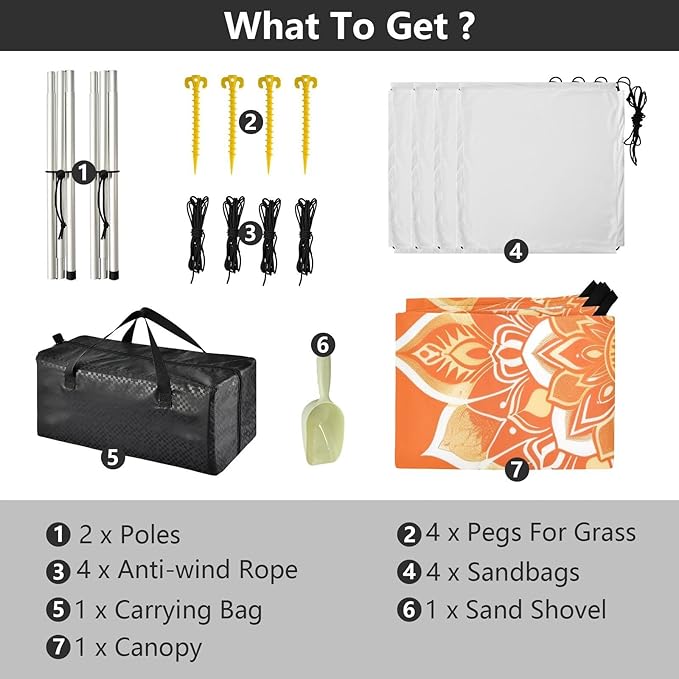 Orange Mandala Beach Tent Sun Shelter 9.2' x 10.5' Beach Canopy with 4 Sandbags 4 Stability Poles Sand Shovels - Tent Canopy for Beach Camping Fishing Picnics