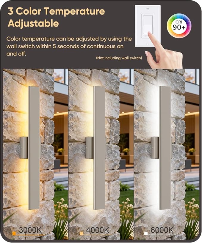 Aipsun 2 Packs Nickel Outdoor Wall Light 23.6inch Modern LED Exterior Wall Sconce Long LED Linear Exterior Lights 3000K 4000K 6000K for House Living Room Corridor(3CCT)