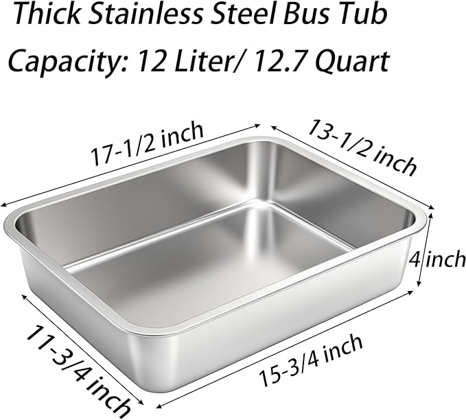 TOPZEA 2 Pack 12 Liter Stainless Steel Commercial Bus Tubs 4 Deep Heavy Duty Metal BBQ Meat Prep Tub Food Service Pan Restaurant Dish Tubs Kitchen Utility Tub for Catering Marinating Dishwashing