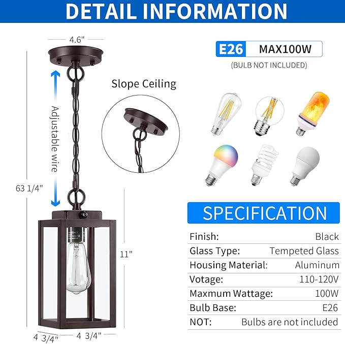 11'' Dusk to Dawn Outdoor Pendant Light Modern Outside Chandelier Outdoor Hanging Lantern Light Matte Brown with Clear Glass Exterior Pendant Lighting Fixture for Porch Yard Gazebo ORB (Small)