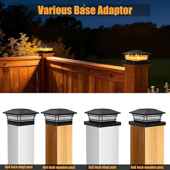 Flame Solar Post Cap Lights Flickering Flame &amp Warm Light Solar Deck Post Lights Waterproof Fence Post Lights for Garden Yard Porch Patio for 4x4 5x5 6x6 Vinyl/Wooden Posts 4 Pack Black