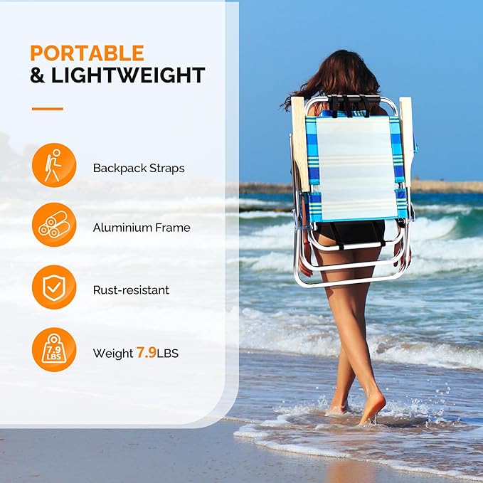 Bonnlo Lightweught 17 Backpack Beach Chair Tall Beach Chairs for Adults Portable with Adjustable Straps 3-Position Reclining Cup Holder High Beach Chairs for Beach