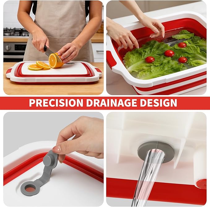Collapsible BBQ Prep Tub for Meal Prep MarinatingFood Storage picnics camping barbecuescutting fruits and vegetables - Includes Cutting Board and Locking Lid(X-Large) Red