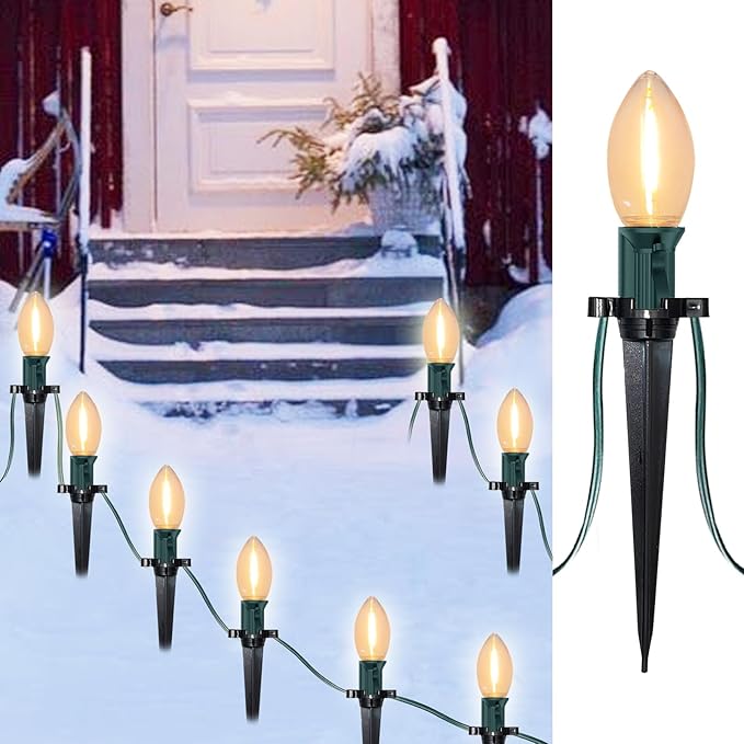 SUNSGNE C9 LED Christmas Pathway Lights Outdoor 38 Feet Sidewalk String Lights with Marker Stakes 25 LED Clear Connectable Christmas Walkway Markers Lights for Outside Porch Garden Yard Lawn Decor