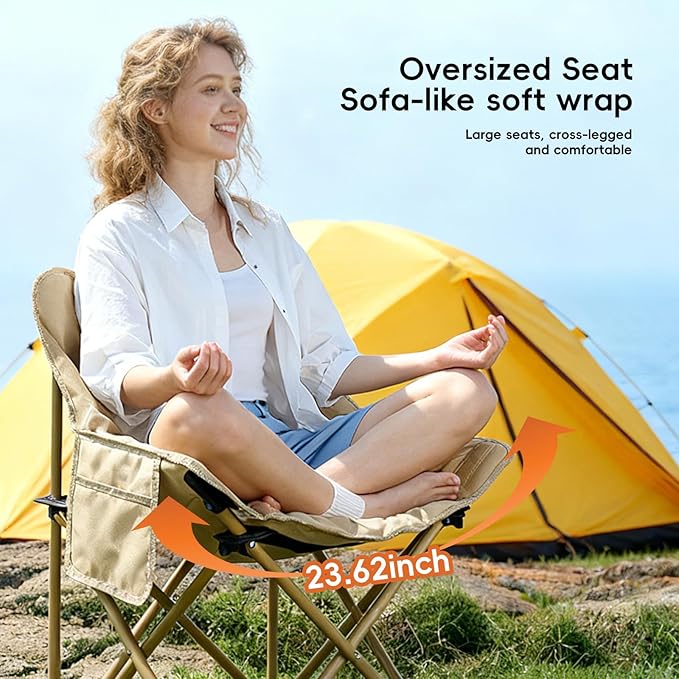 Outdoor 3-Layer Padding High Back Moon Chair with Thick Cotton 600D Oxford Fabric Portable Folding Camping Chair with Side Pocket Supports up to 300lbs (Brown)