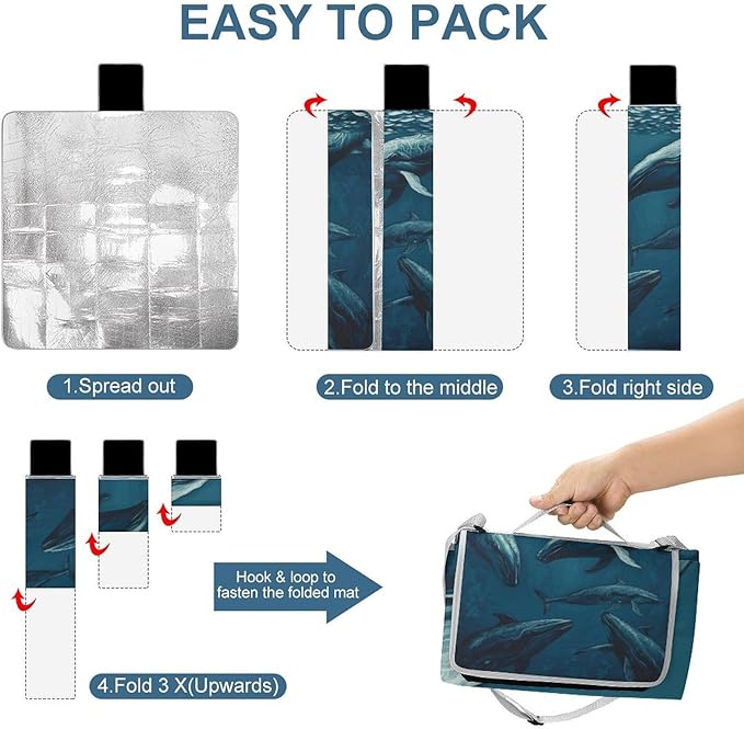Ocean Whale Beach BlanketPortable Waterproof Picnic Blanket58.3''x 58.3'' Extra Large Picnic Mat for BeachCamping Grass Lawn Park Accessorie for Festival BBQ