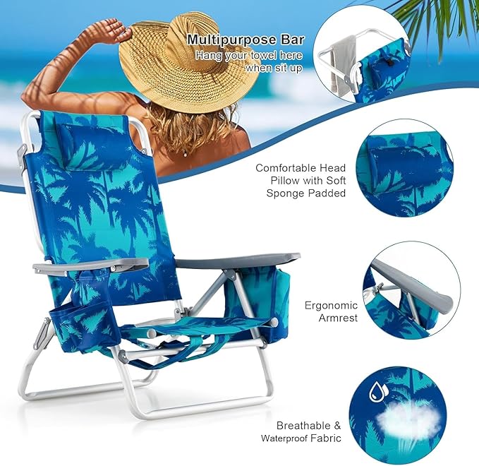 GYMAX Beach Chairs Backpack Camping Chair with Armrest Cooler Bag Cup Holder Towel Bar &amp Side Pockets Sunbath Sling Tanning Lounge Folding Layout Chair (with Table Coconut Tree)