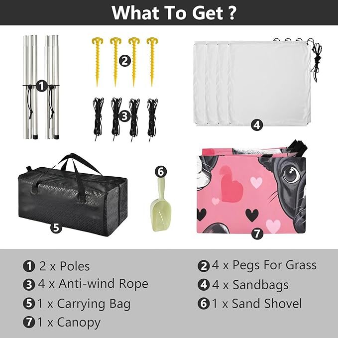 Cute French Bulldog Beach Tent Sun Shelter 9.2' x 10.5' Beach Canopy with 4 Sandbags 4 Stability Poles Sand Shovels - Tent Canopy for Beach Camping Fishing Picnics