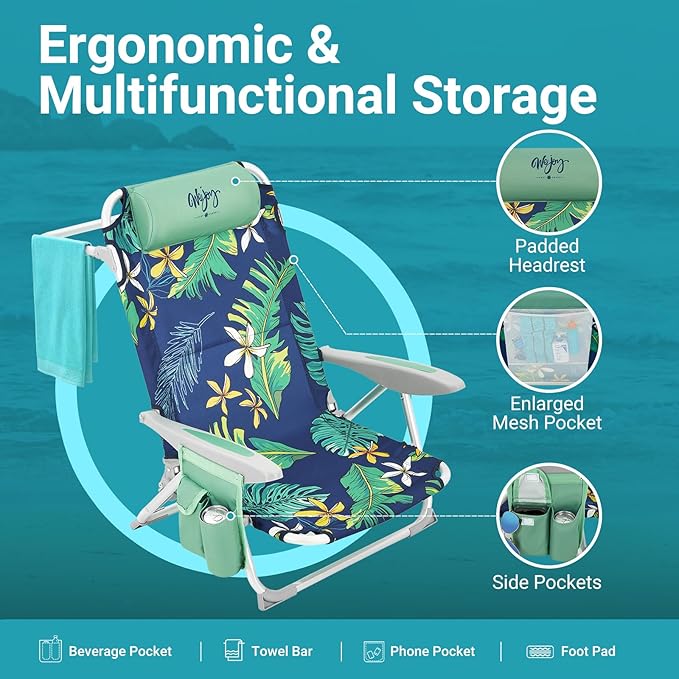 #WEJOY Folding Beach Chair for Adults 4-Position Lightweight Beach Chair Low Beach Chairs with Shoulder Strap Cup Holder and Headrest Supports 265lbs for Beach Lawn (Rainforest)