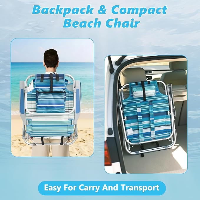 Folding Backpack Beach Chair for Adults 5-Position Aluminum Lightweight Reclining Beach Chair Low Sands Compact Chairs with Cup Holder and Padded Headrest for Lawn Patio PoolsideSupports 300lbs