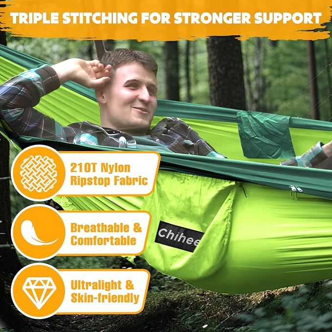 Chihee Ultra-Light Travel Camping Hammock Pop-up Net Hammock 660lbs Load CapacityBreathableQuick-Drying Parachute Nylon 2 Premium Carabiners2 Tree Slings Included for Outdoor Backpacking Hiking