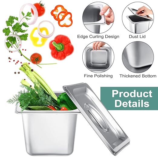 8 Pack Stainless Steam Hotel Pan 6 Deep Steam Table Pan with Lid 0.8 mm Thick Stainless Steel Restaurant Anti Clogging Steamer for Party Restaurant Hotel(1/6 Size)