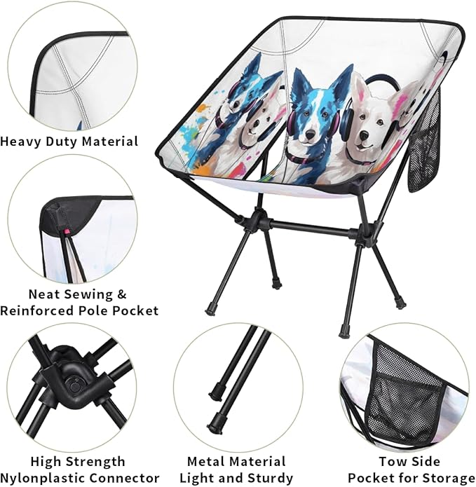 Animal Dog Pattern Camping Chair Lightweight Portable Chairs for Adults Easy Installation Outdoor Foldable Camping Chair for Camping Fishing Hiking Picnic Beach