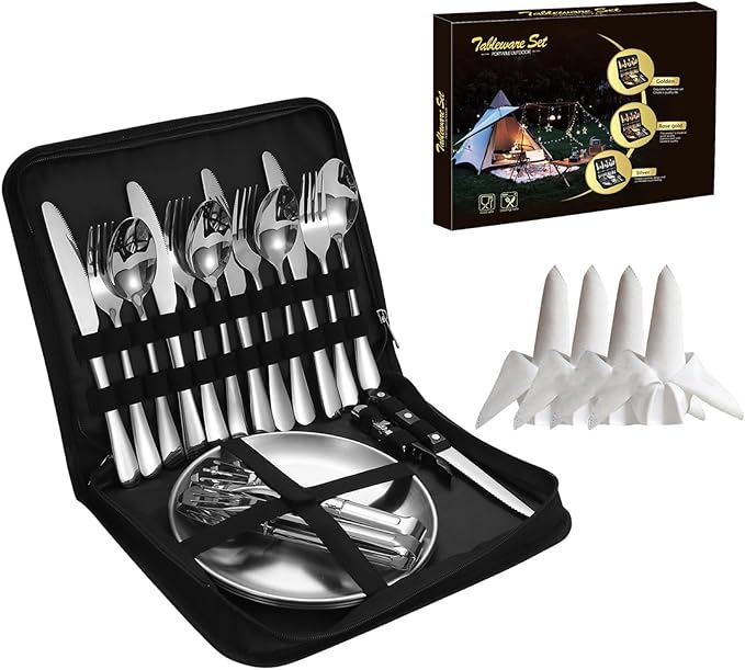 Camping Mess Kits with Portable Case Stainless Steel Outdoor Picnic Dinnerware Set with Plate Spoon Fork Knife Cloth Napkins
