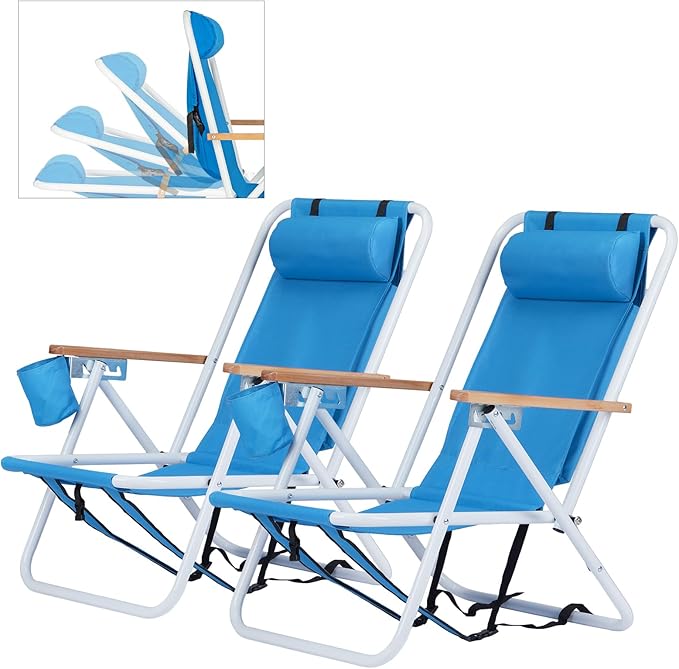 Outvita Folding Beach Chair Adjustable Headrest w/4 Flexible Tilt Angle Cup Holder Portable High Strength Cleanable Fabric for Sand Camping Lawn Concert Travel Festival