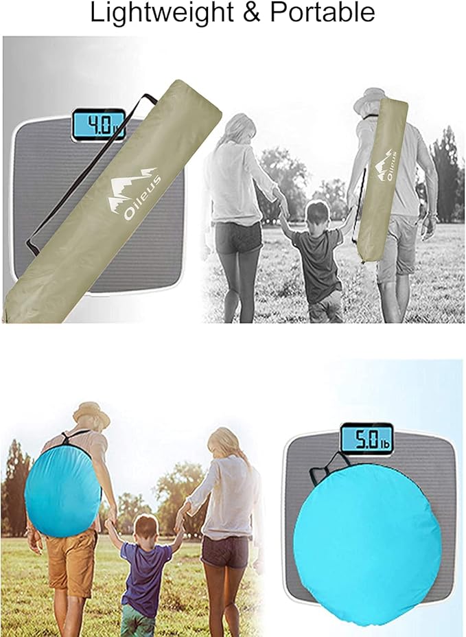 Oileus X-Large 4 Person Beach Tent Sun Shelter - Portable Sun Shade Instant Tent for Beach with Carrying Bag Stakes 6 Sand Pockets Anti UV for Fishing Hiking Camping Waterproof Windproof Khaki