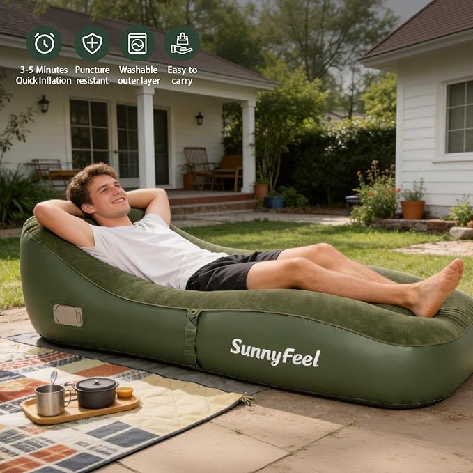 SUNNYFEEL Inflatable Lounge Chair with Built-in Pump Heavy Duty PVC Flocked Inflatable Sofa for Adults Portable Air Lounger for Camping Beach Home &amp Outdoor Army Green