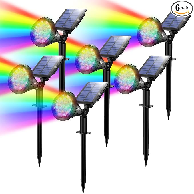 Color Changing Solar Spot Lights Outdoor 21 LEDs Brightness Solar Pathway Lights Outdoor IP67 Waterproof Exterior Solar Lights for House 2-in-1 Solar Flood Lights Outdoor for Yard