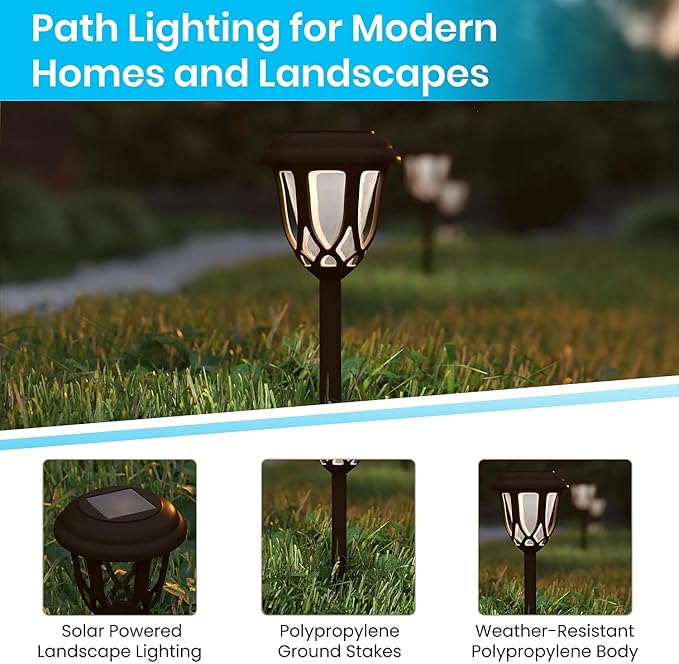 Flash Furniture Hess 8 Pack LED Solar Lights - All-Weather Brown Tulip Style Outdoor Solar Powered Lights - Landscape Lighting for Pathway Garden &amp Yard 3.37x3.37x14 Brown