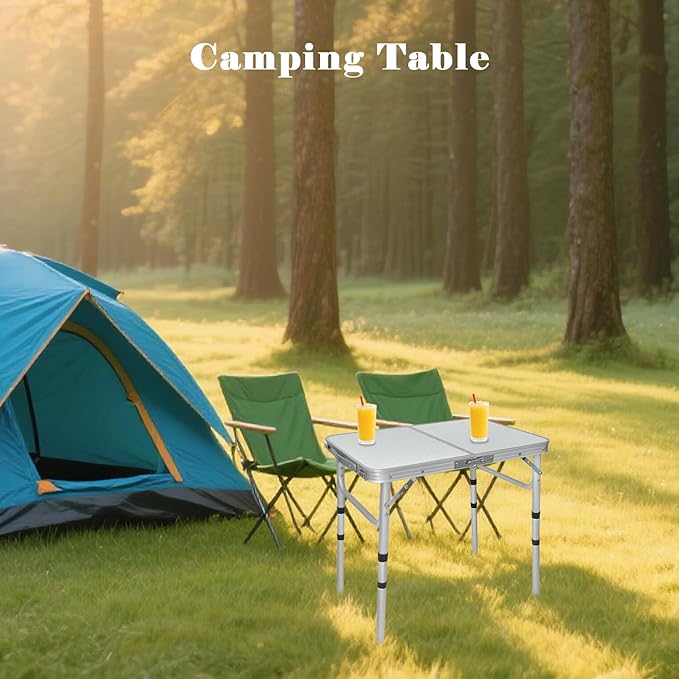 Aluminum Folding Table - Premium Portable Lightweight and Adjustable Camping Table for Outdoor Adventures Picnics and Home Use - Durable and Compact Design 2ft with Carry Handle (White)