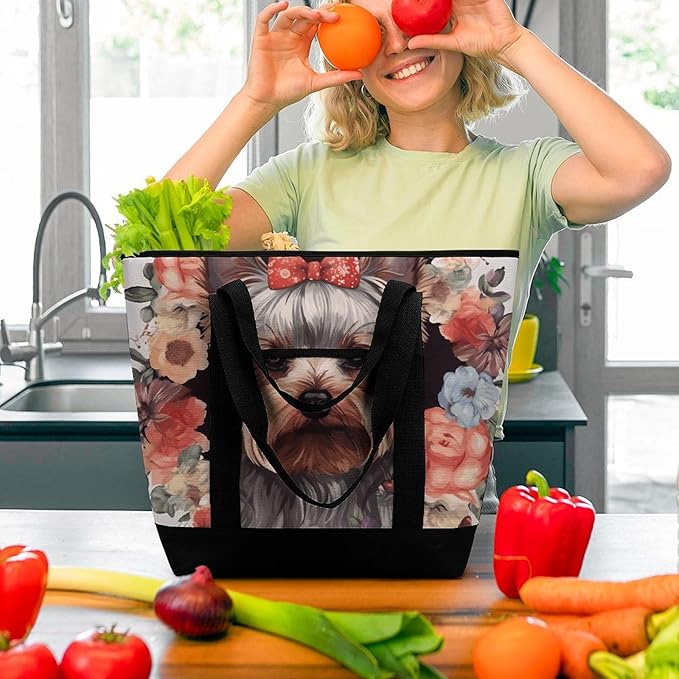 Insulated Shopping BagLarge Reusable Cooler Bags Yorkie Floral Printed Foldable Shopping BagTravel Waterproof Shoulder Bag