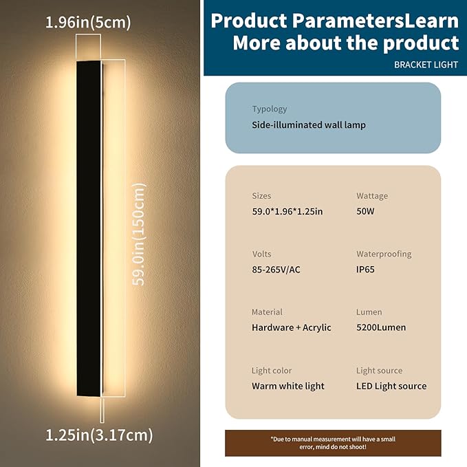 Modern Long Wall Light Fixture 59inch Outdoor Wall Sconces 3000K Warm White Light Black Minimalist Frosted Acrylic IP65 Waterproof Exterior Lights for House Garage Gardens Porch