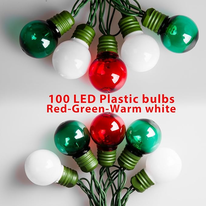100 LED 50Ft Globe Christmas Lights Outdoor Round G30 Christmas Small Balls Lights Connectable Waterproof for Patio Backyard Eaves Tree Porch Indoor Outdoor (Red Green and White)