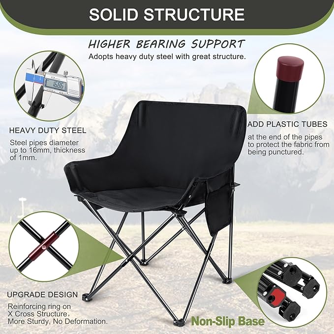 Joyfair Outdoor Camping Chair for Adult Large Portable Folding Moon Chairs with Carry Bag for Patio Beach Fishing Lawn and More Outdoor Sports 600D Oxford Fabric &amp Heavy Duty Steel (2 Black)