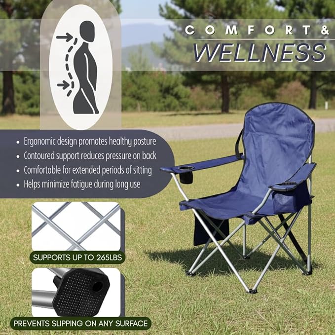 Pack of 4 Portable Lawn Chairs with Built-in Can Cooler Storage Pocket Carry Bag and Cup Holder Includes Carry Bag (4 Navy)