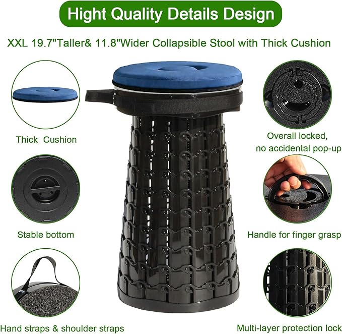 2026 Upgraded XXL Collapsible Stool with Thick Cushion19.7H-11.8D Telescoping Folding Stool for Adults More Sturdy Camping Stools with Load Capacity 1000lbs for OutdoorGardenFishingHiking