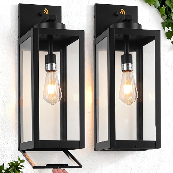 20 Large Dusk to Dawn Outdoor Wall Lantern with Closed Bottom - Black Outdoor Porch Lantern Wall Mounted Waterproof Modern Outside Wall Sconce Coach Lamp for House E26 2 Packs