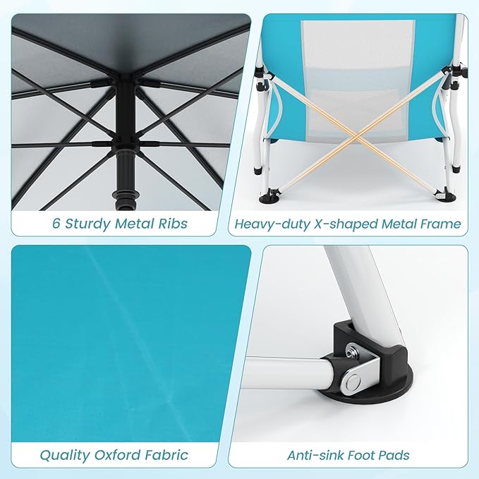 Giantex Low Folding Beach Chair with Detachable &amp Adjustable Umbrella Carrying Bag Padded Armrests Mesh High Back Load 330 LBS Anti-Slip Foot Pads Camping Chair for Picnic Lawn Blue