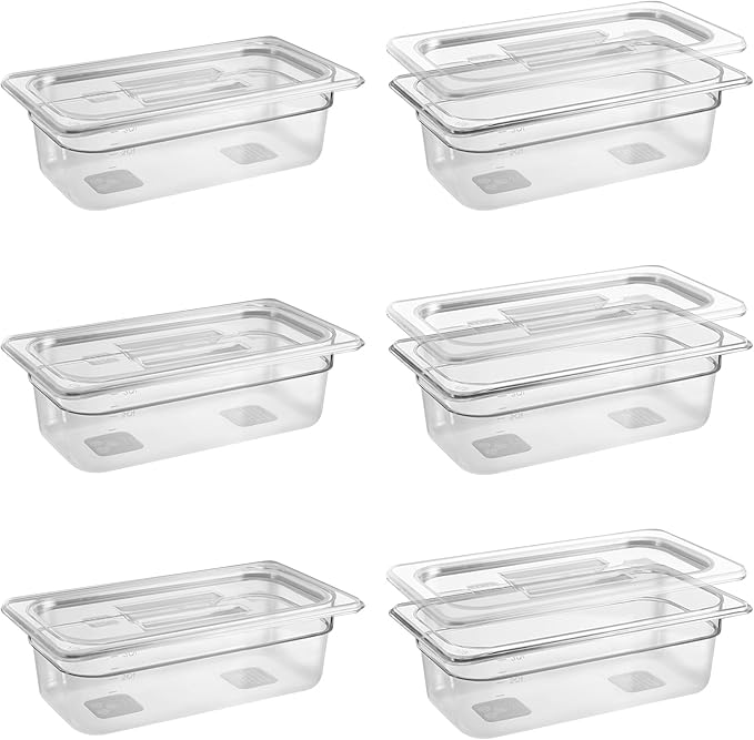 6 Pack 1/3 Size 4'' Deep Clear Food Pans with Lids Commercial Food Pans Polycarbonate Transparent Food Storage Containers Stackable Plastic Pan with Capacity Scale Restaurant Supplies Hotel Pan