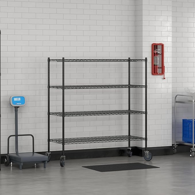 Commercial NSF Listed Black Epoxy Mobile Wire Shelving Kit 21 x 54 x 60 with 4 Shelves Perfect for Warehouse Walk-in Refrigerator Freezer Grocery Store Restaurant Dishroom