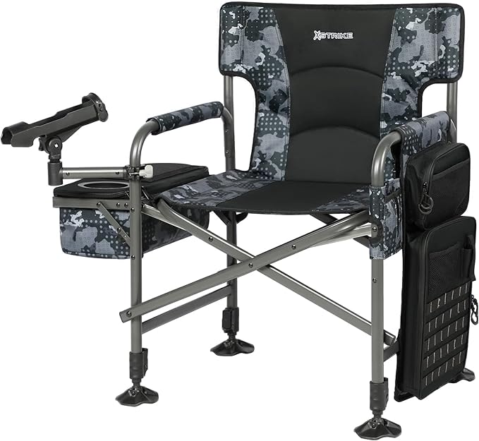 X Strike Fishing Chairs with Rod Holder Folding Ice Fishing Chair for Adults Outdoor Camping Chair Leg Adjustable with Cooler Bag and Storage Bag for Ice Fishing Camp Lawn Patio Garden