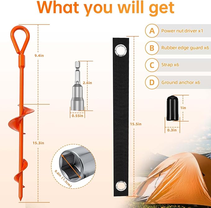 Ground Anchors Shed Anchor Kit - 15 Inch 4-Pack Spiral Stakes Ground Anchors Heavy Duty - Strong Wind Resistant for Camping Tents Carports Swing Sets and Canopies - Earth Anchors (Orange)