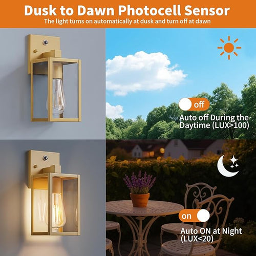 2 Pack Gold Dusk to Dawn Outdoor Front Porch Light Fixtures Wall Mount Sensor Exterior Lantern Lamp Outside Lights for House Waterproof Wall Sconce Anti Rust Coach Light for Garage Entryway