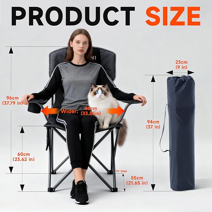 Onini Oversized Camping Folding Chairs Heavy Duty Support 500 LBS Chair with Cup Holder Storage Bag for Outdoor Beach Fishing Trip Picnic Thicken 600D Oxford 2 Pack