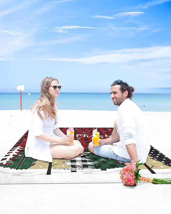 Beach Blanket Waterproof Sandproof Christmas Tree Red Black Buffalo Plaid Quick Drying Beach Mat with 4 Stakes Winter Snowflake Seamless Lightweight Picnic Blanket for Travel Camping 83x79